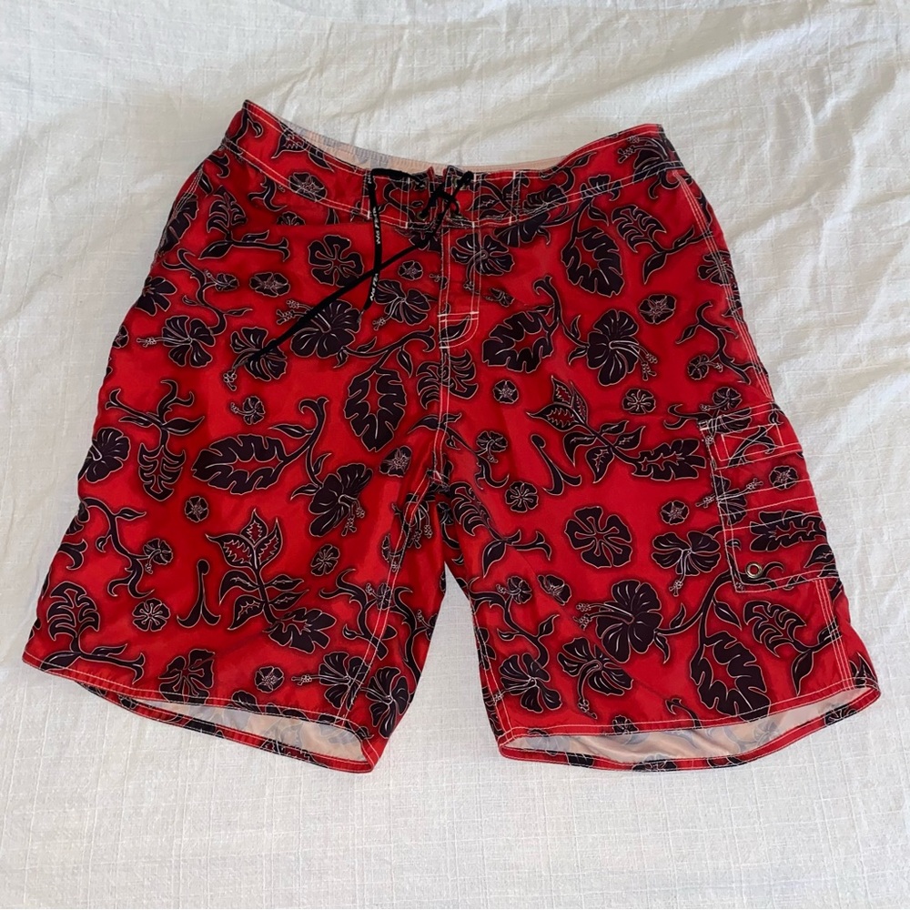 No Fear Y2K Board Shorts Red Gray Floral Size 36